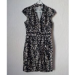 Ann Taylor Black Brown Geometric Sheath Faux Wrap Dress Women size 0 V-Neck